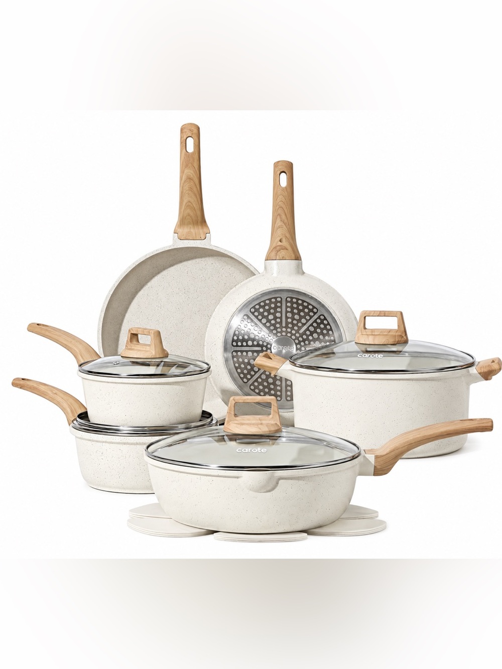 CAROTE 15 pieces Pots and Pans Set, Nonstick Cookware Set - Cream White